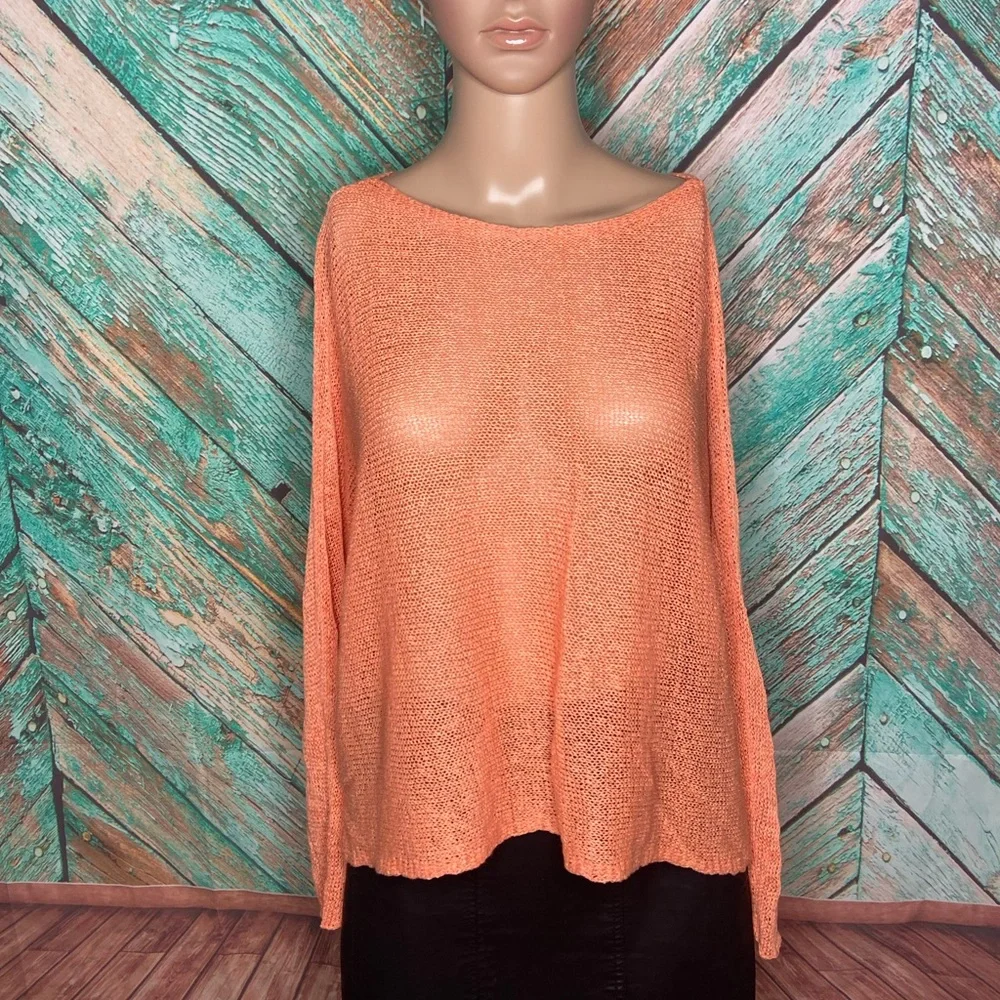 Eileen Fisher Orange Sherbet Sheer Linen Blend Open Weave Sweater - Picture 3 of 8